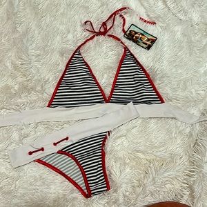 AM:PM by ESPIRAL nautical striped triangle bikini swimsuit Large top med bottom